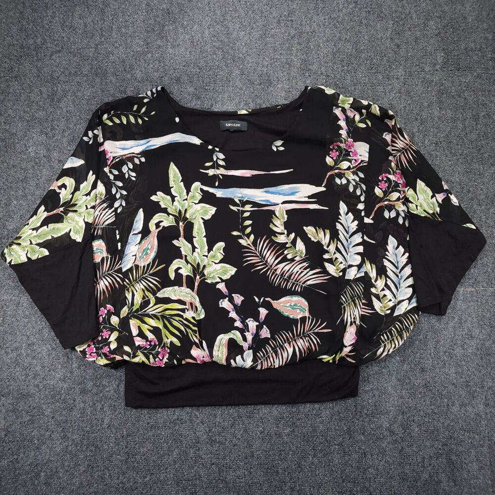 Karen Kane Women's Tropical Floral Batwing Dolman Top Black M 3/4 Sleeve Boho